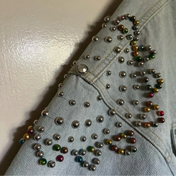 POL Shimmering Jewel Denim Jean Jacket Beaded Distressed Size Large - Picture 8 of 16